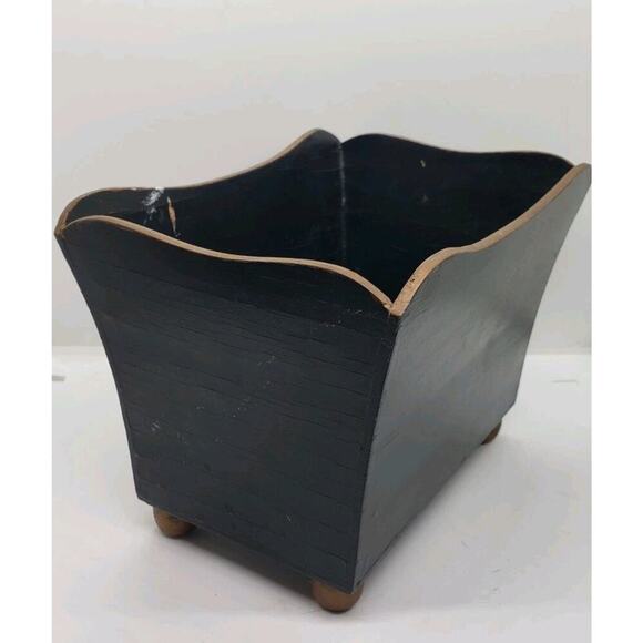 Vintage Toleware Hand Painted Roses Black Jardiniere Cache Pot Decor Vanity - Picture 6 of 12